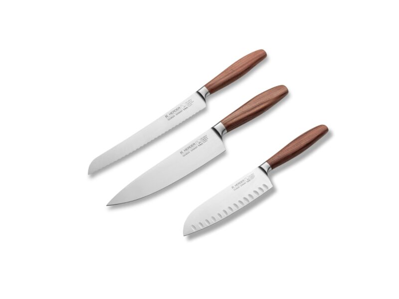 H.Herder 3er-Set Eterno-geschmiedet gedämpftes Pflaumenholz: Kochmesser, Brotmesser, Santoku