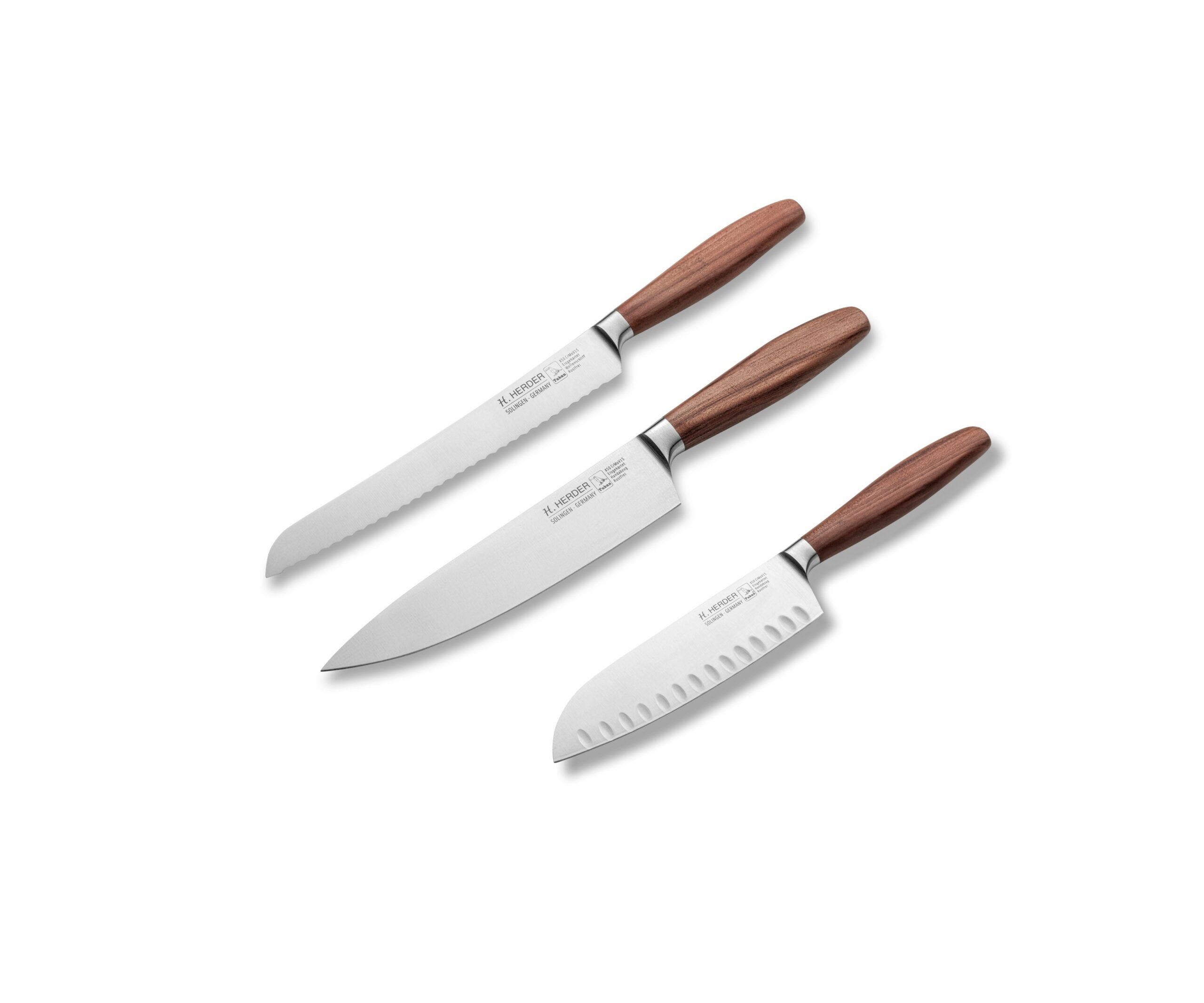 H.Herder 3er-Set Eterno-geschmiedet gedämpftes Pflaumenholz: Kochmesser, Brotmesser, Santoku