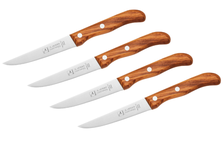 H.Herder 4er Set Zubereitungs-/Steakmesser Olivenholz mit Handabzug – rostfrei