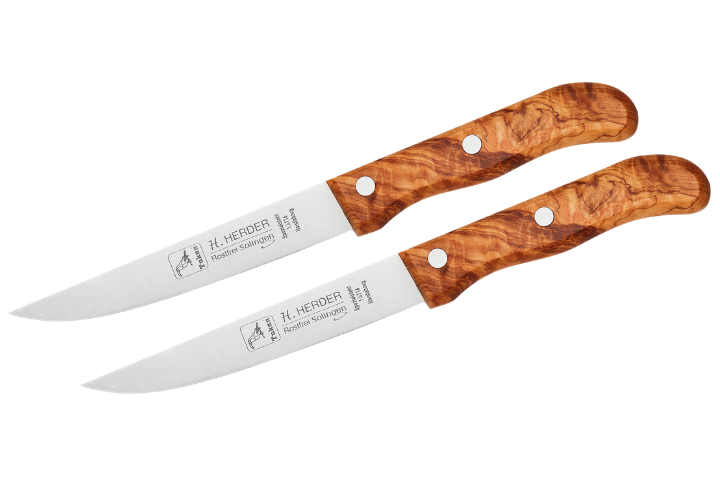 H.Herder 2er Set Zubereitungs-/Steakmesser Groß Olivenholz mit Handabzug – rostfrei