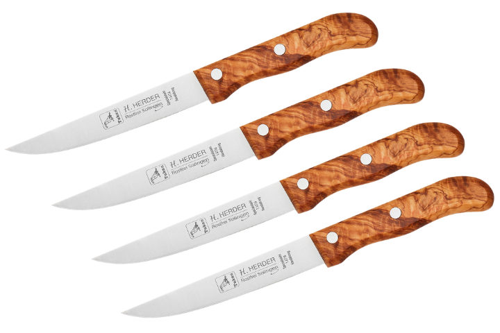 H.Herder 4er Set Zubereitungs-/Steakmesser Groß Olivenholz mit Handabzug – rostfrei