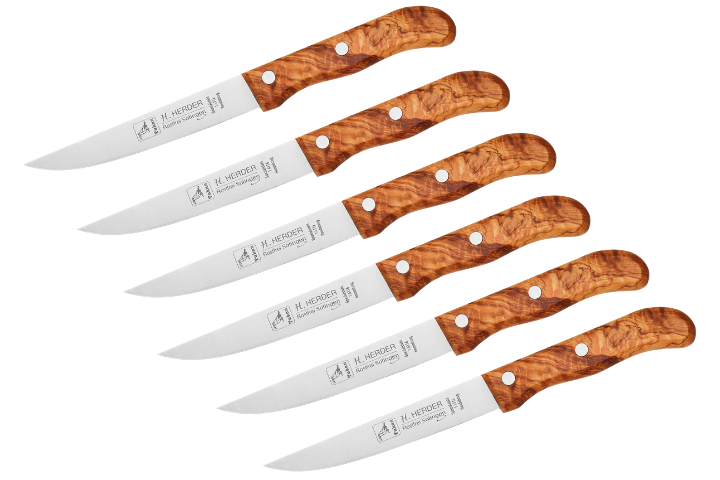 H.Herder 6er Set Zubereitungs-/Steakmesser Groß Olivenholz mit Handabzug – rostfrei