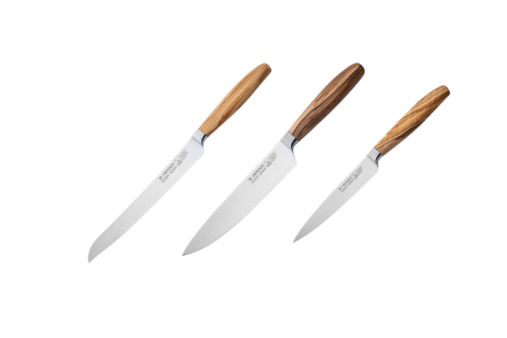 H.Herder 3er-Set Eterno-geschmiedet sortiertes Olivenholz: Kochmesser, Brotmesser, Santoku