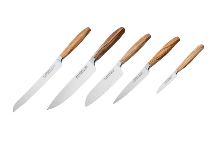 H.Herder 5er-Set Eterno-geschmiedet sortiertes Olivenholz: Gemüsemesser, Kochmesser, Brotmesser, Santoku, Universalmesser